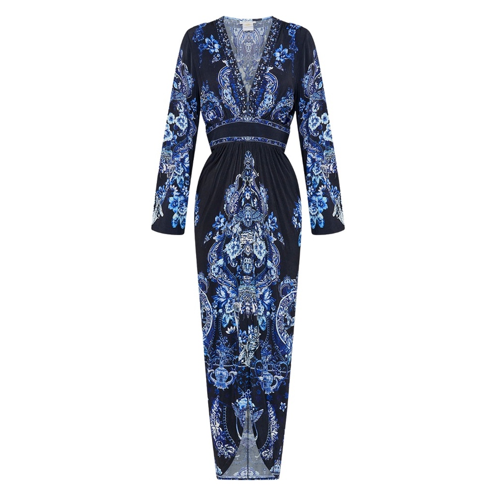 Camilla - Delft Dynasty Gathered V Neck Jersey Dress | Large